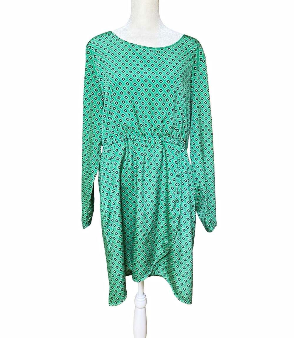 J.CREW Green Geometric Shift Dress Lined Scoop Neck Long Sleeve Size M